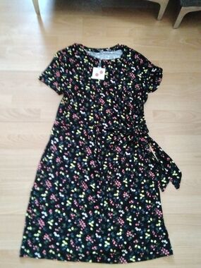 H&M  Black Strawberry Lemon-Print Tie-Waist Casual Dress